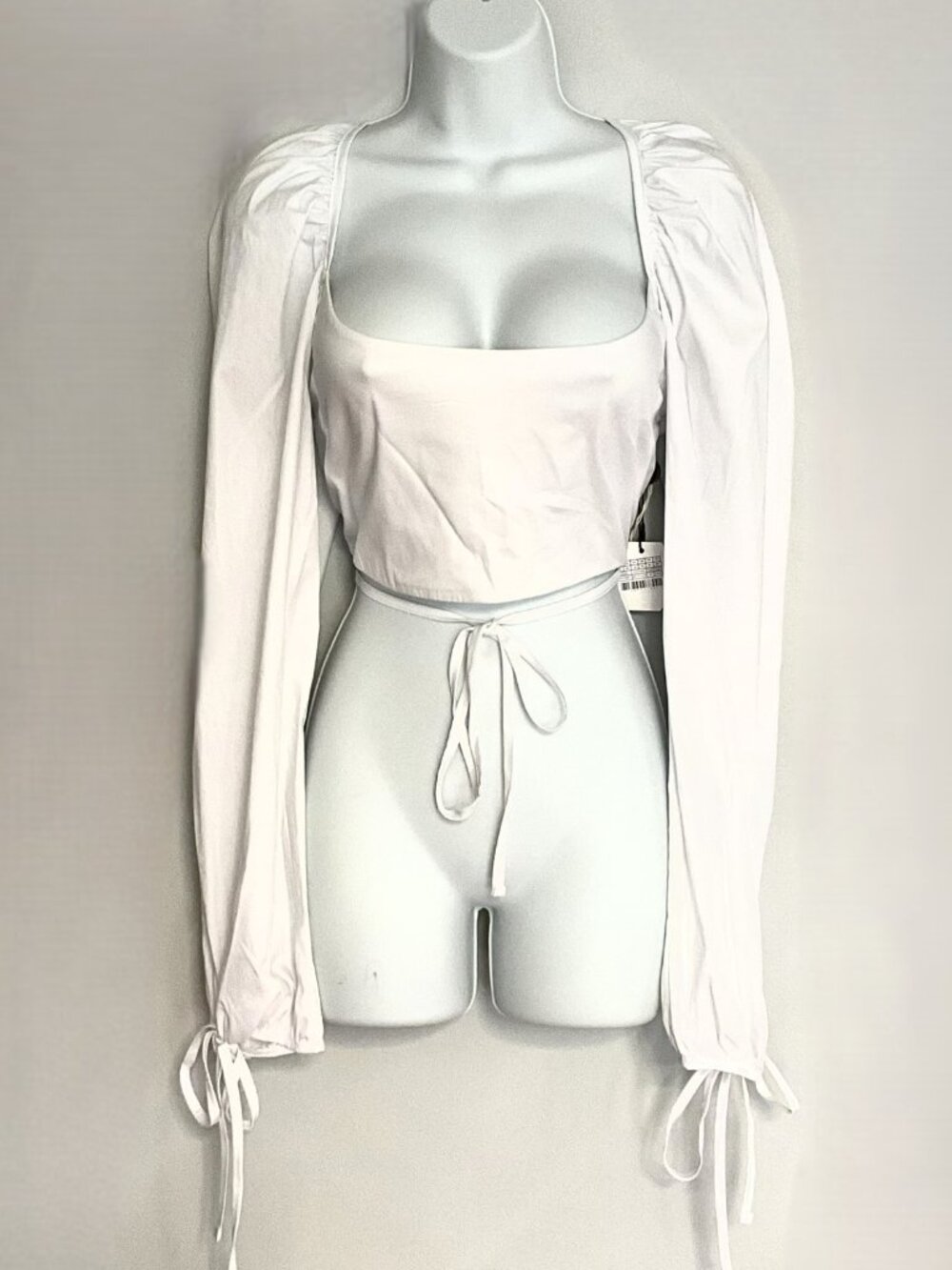OW White Open Back Lace-Up Crop Top Puff Sleeve Tie Cuff 100% Cotton Size L